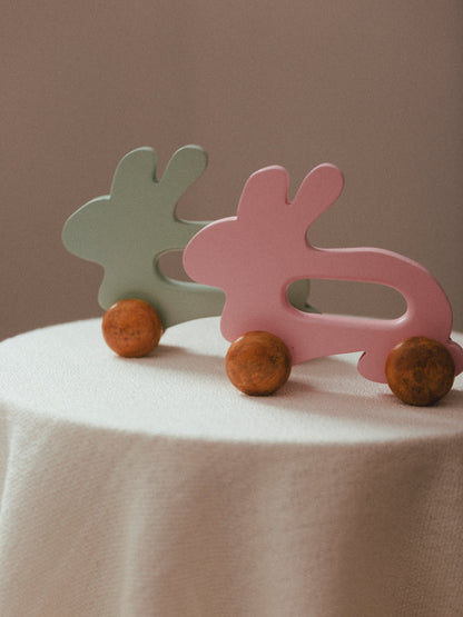 Wooden Bunny Push Toy On Wheels Green